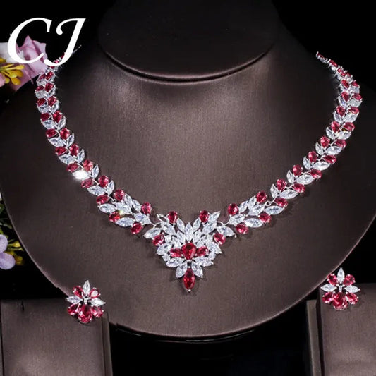 CANDICE White Gold Plated Marquise Red Zirconia Stone Necklace Earrings Sets For Wedding Luxury Party CZ Jewelry Set