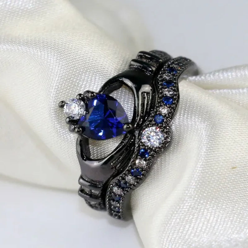 TWO Rings Couple Rings Sainless Steel Men's Ring Black Gold Filled Claddagh Ring Heart 1ct Sapphire Women's Wedding Ring Sets