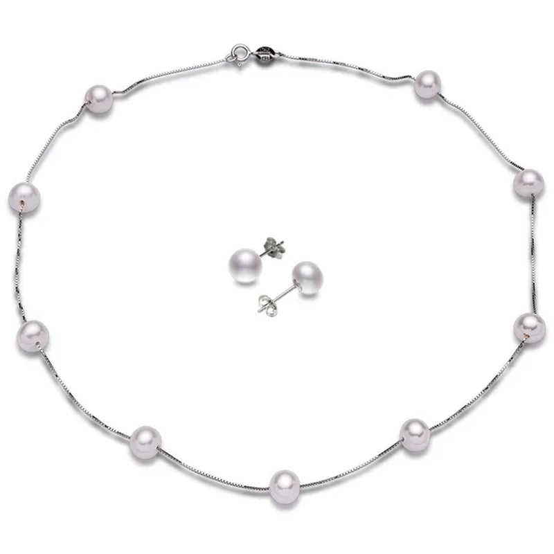 Trendy Simple 925 Sterling Silver with Natural Freshwater Pearl Necklace and Stud Earrings Jewelry Set for Women