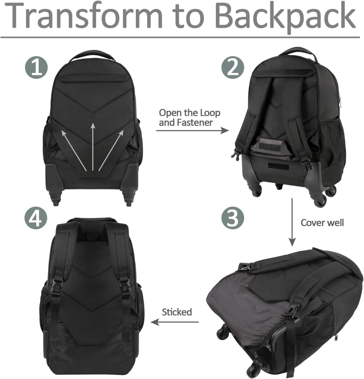 Rolling Backpack with 4 Wheels, 17 Inch Roller Travel Laptop Backpack for Women Men, Large Water Resistant Business Wheeled Bag, Airline Approved Carry on Luggage Suitcase Bag, Black