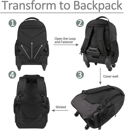 Rolling Backpack with 4 Wheels, 17 Inch Roller Travel Laptop Backpack for Women Men, Large Water Resistant Business Wheeled Bag, Airline Approved Carry on Luggage Suitcase Bag, Black