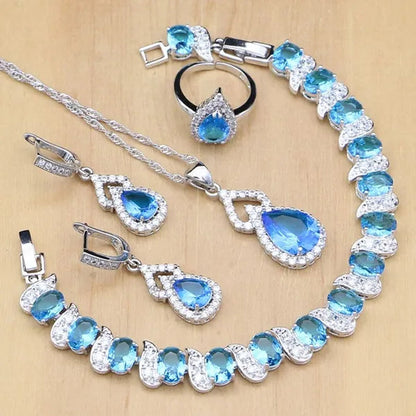 925 Silver Jewelry Sets Blue Sapphire White Topaz Open Rings Earrings Pendant Necklace Bracelet For Bridal  Women