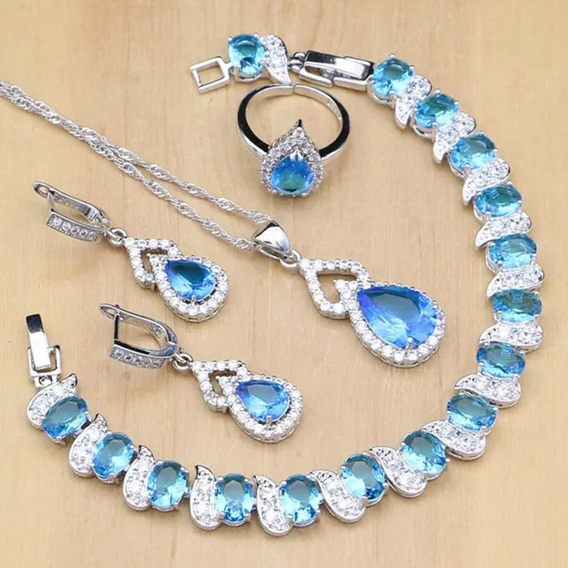 925 Silver Jewelry Sets Blue Sapphire White Topaz Open Rings Earrings Pendant Necklace Bracelet For Bridal  Women
