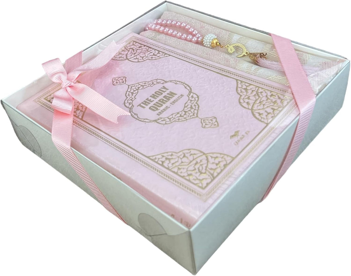 English Translate Thermo Leather Covered Quran, Tafta Prayer Mat and Beads Set |Quran Size:8X5.5X1.2 İnch/20X14X3Cm | Muslim Prayer Mat | Great Ramadan Gifts for Muslim Men,Women (Pink, 1 Sets)