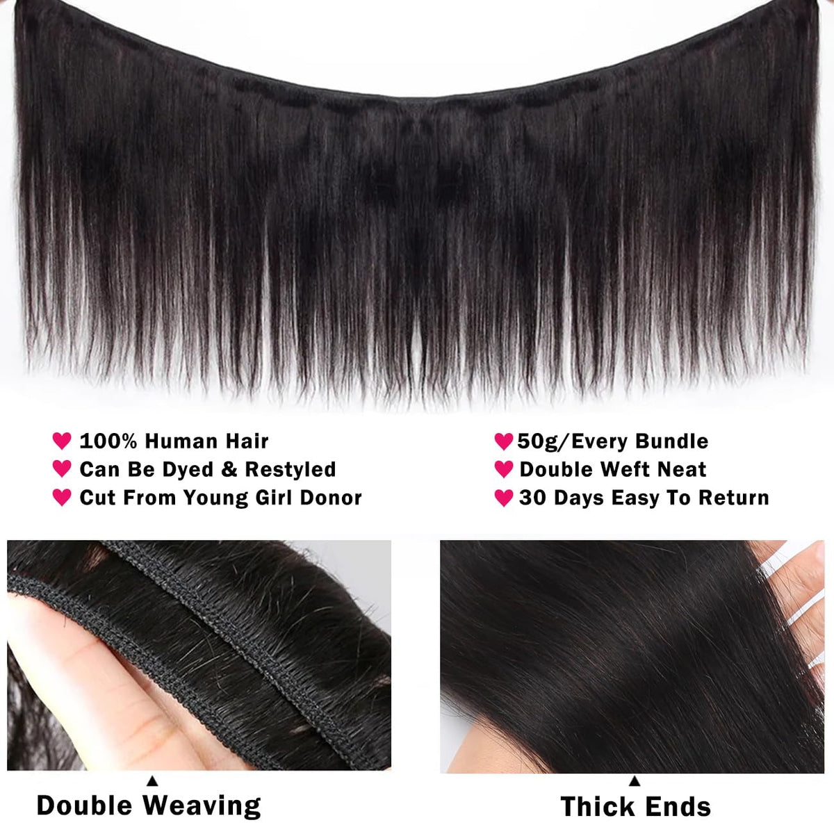 Straight 4 Bundles Human Hair 20 22 24 26 Inch 100% Unpro Cessed Brazilian Virgin Human Hair Bundles Double Weft Weave Bundles Straight Hair 70G/Bundle Hair Natural Color