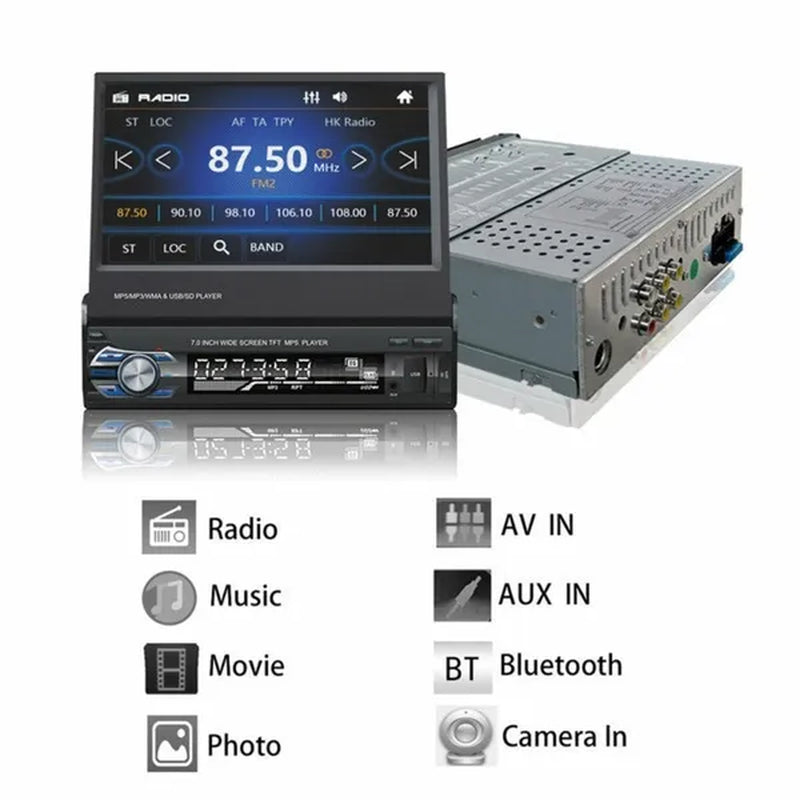 1DIN 7" HD Retractable Touch Screen Car Stereo Audio Bluetooth Car Radio Support Bluetooth/Usb/Aux/Fm/Am Mirrorlink+ SWC+ Rearview Camera (Optional)