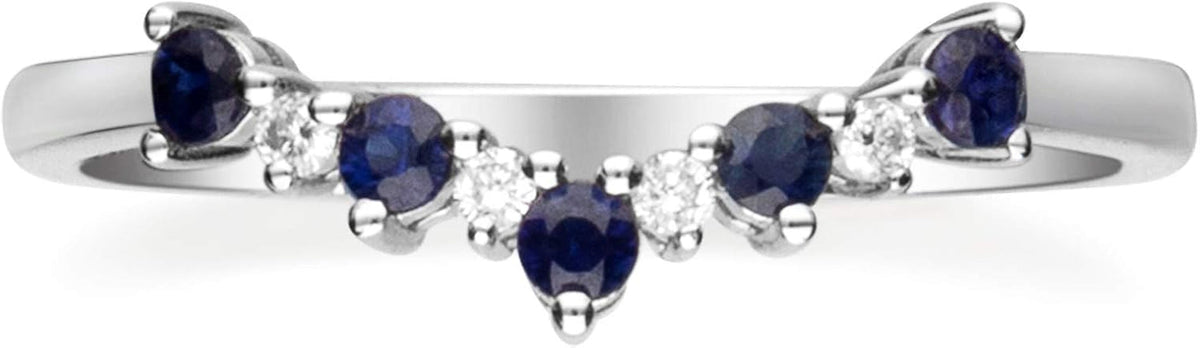 10K White Genuine Blue Sapphire Ring with Diamonds for Women | Ethically, Authentically & Organically Sourced (Round-Cut) Shaped Sapphire Hand-Crafted Jewelry for Her | Sapphire Ring for Women
