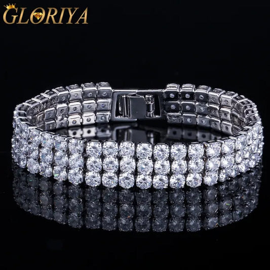 Gloriya Hot Selling Gorgeous 3 Row Round Sparkly Top Grade Zirconia Wide Bridal Bracelets for Women Engagement Wedding Party Jewelry
