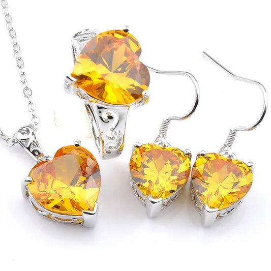 Luckyshine Heart Fire Royal Citrine Gems Silver Rings Earrings Pendants Necklace Jewelry Sets for Valentine's Day Gift