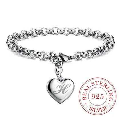 Punk Design 925 Sterling Silver A-Z Letter Heart Charm Bracelets & Bangles for Women Fine Jewelry Pulseras Mujer Moda 2020