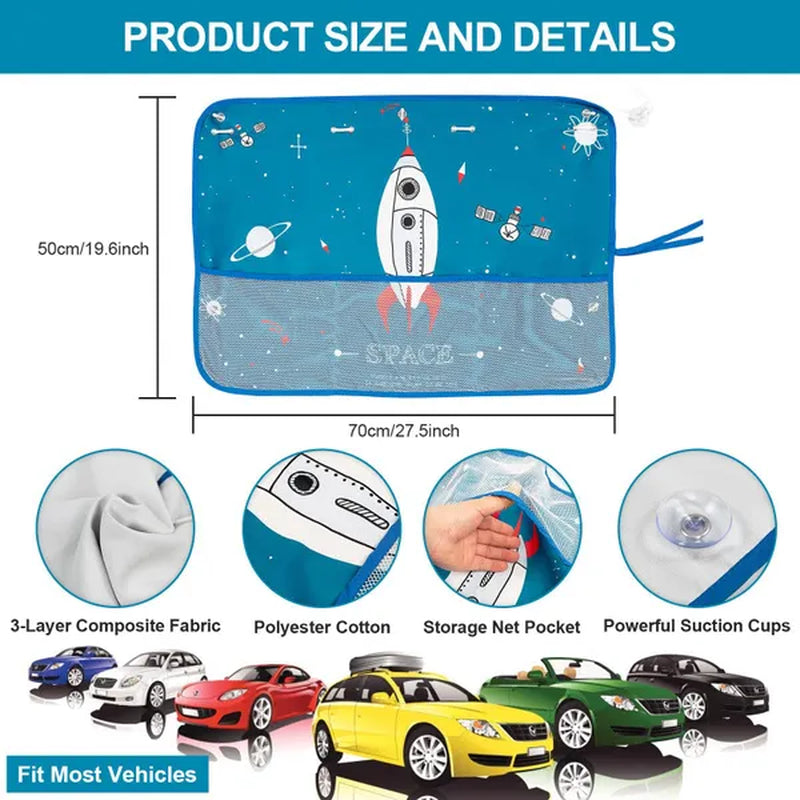 Car Sun Shade Cover Cartoon Side Window Curtain Sunshade Visor Heat Shield UV Protector For Kid Baby Children W/ Storage Net