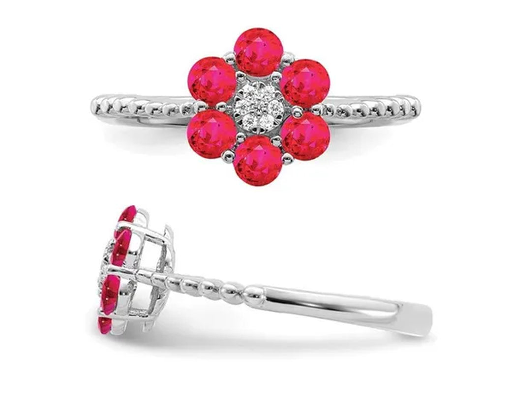 9/10 Carat (ctw) Natural Ruby Flower Ring in 14K White Gold