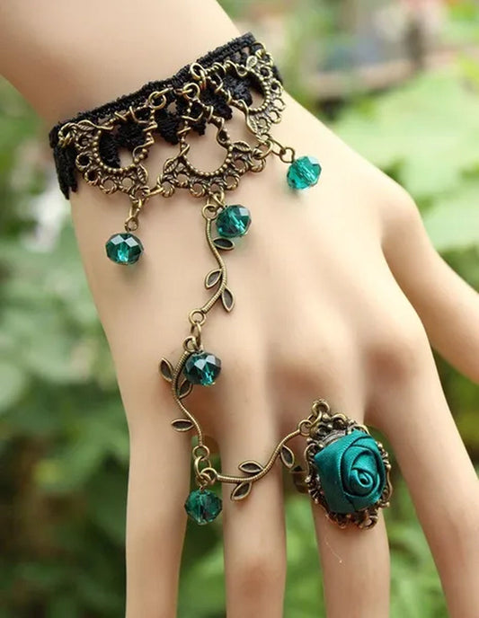 Victorian Style Black Lace Floral Rose Flower Link Chain Slave Bracelet Ring Set Goth
