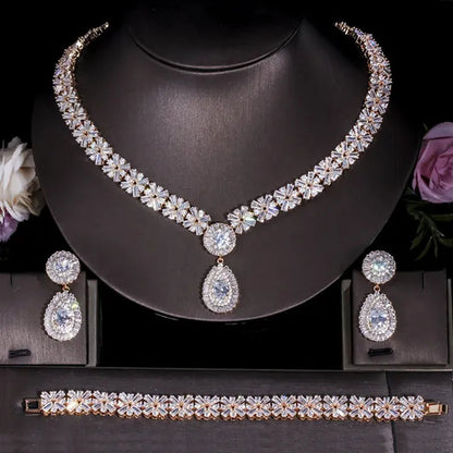 Gloriya Sparkling Cubic Zirconia Water Drop Pendant Necklace Earrings and Bracelet for Women White Gold Plated Latest Luxury Bridal Wedding Jewelry 3 Pcs Set