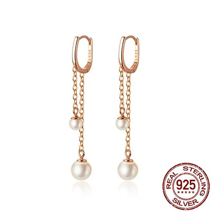 925 Sterling Silver Pearl Ear Buckle Earrings Fashion Rose Gold Plated Chain Tassel Earrings for Women Jewelry