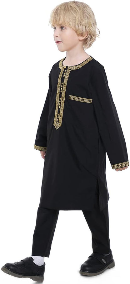 Boy'S Muslim Clothing Kaftan Set - Middle East Youth Embroidered Robe Suit round Neck Islamic Dress Arabic Wear