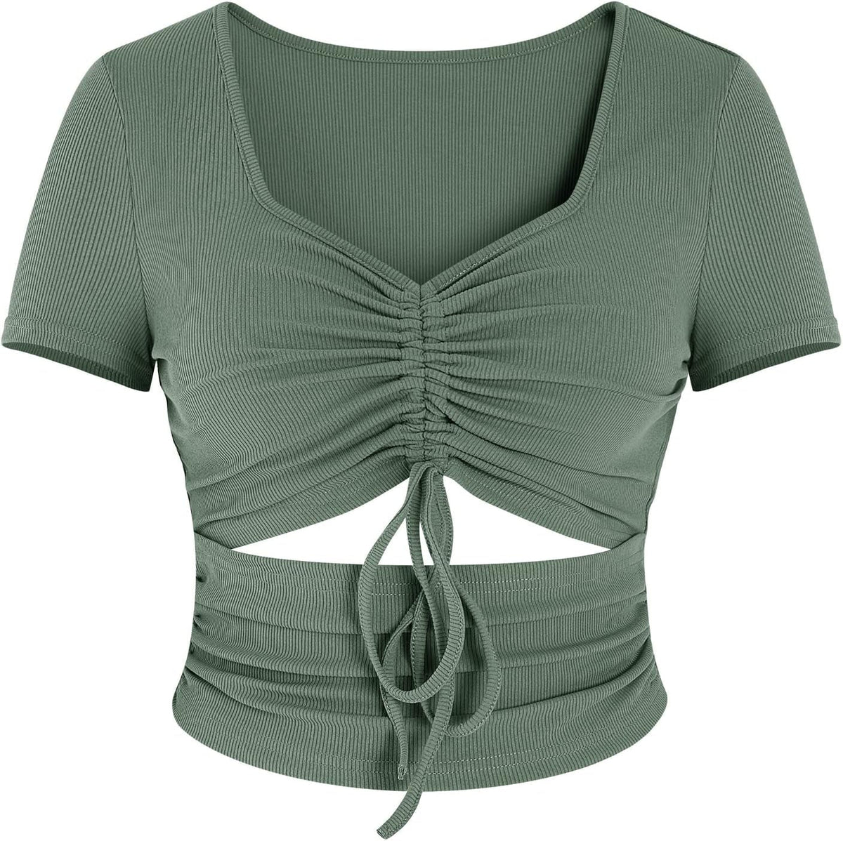 Women'S Summer Sexy Crop Top Ruched Y2K V Neck Slim Short Sleeve Casual Basic Knit T Shirt Workout Tops Army Green
