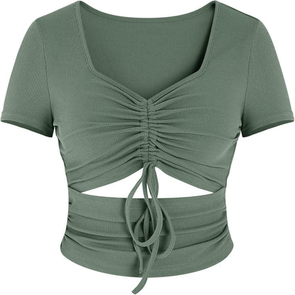 Women'S Summer Sexy Crop Top Ruched Y2K V Neck Slim Short Sleeve Casual Basic Knit T Shirt Workout Tops Army Green