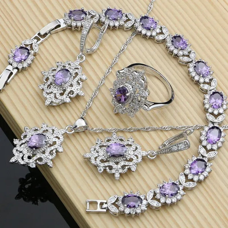 Romantic Women Anniversary Silver 925 Jewelry Sets Sapphire Amethyst Garnet Emerald Gemstone Fashion Necklace Set
