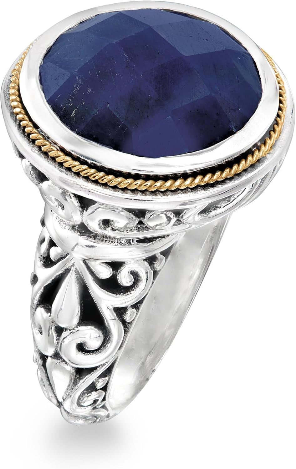 15.00 Carat Sapphire Bali-Style Ring in Sterling Silver and 18Kt Yellow Gold. Size 6