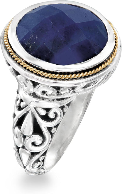 15.00 Carat Sapphire Bali-Style Ring in Sterling Silver and 18Kt Yellow Gold. Size 6