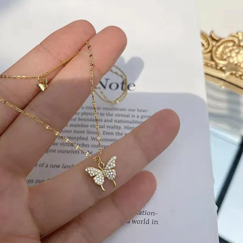 Delicate and Creative Women's Zircon Necklace Butterfly Necklace Double Layer Necklace Women's Geometric Necklace Butterfly Necklace Fashion Women's Jewelry Accessories Festival Wedding Engagement Valentine's Day Anniversary Gift Christmas Gift Jewelry