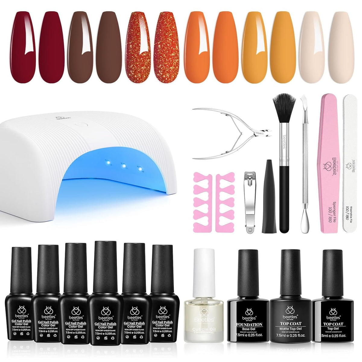 Beetles Gel Nail Polish Kit with 48W light 18 Pcs Gel Starter Kit,6 colors Nude Pink French White Glitter Gel Polish Soak Off Base Top Coat Gel Art Manicure Kit
