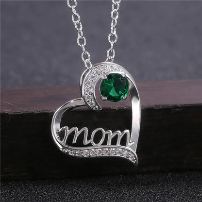 Love Mum Silver Plated Ruby MOM Character Emerald Necklace Jewelry Family Birthday Best Gift for Mother Mummy Party Wedding Band Necklace Christmas Gift