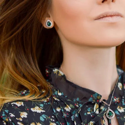 Lab Created Gemstone Teardrop Halo Pendant and Stud Earrings Set in Sterling Silver