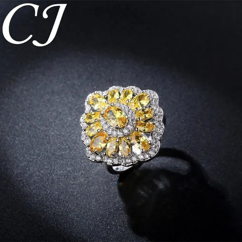 CANDICE Sparkling AAA Oval Yellow Cubic Zirconia Women Sterling Silver Plated Ring for Wedding Party（Us SIZE 6-9）