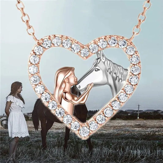 Exquisite Fashion Women's Creative Girl and Horse Necklace Heart Diamond Pendant Necklace Women's Animal Jewelry Accessories Birthday Anniversary Gift