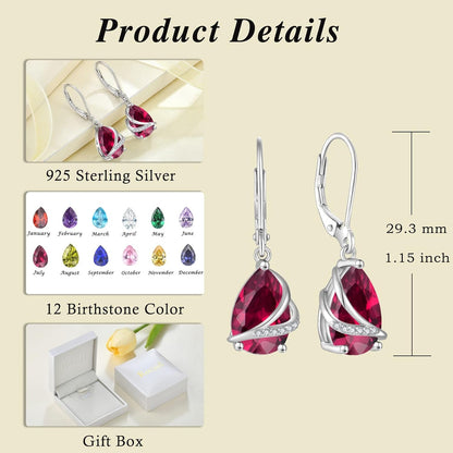 Birthstone Dangle Drop Earrings for Women 925 Sterling Silver Teardrop Leverback Earrings Jewelry Gifts for Wife Girlfriend Mother Daughter Her