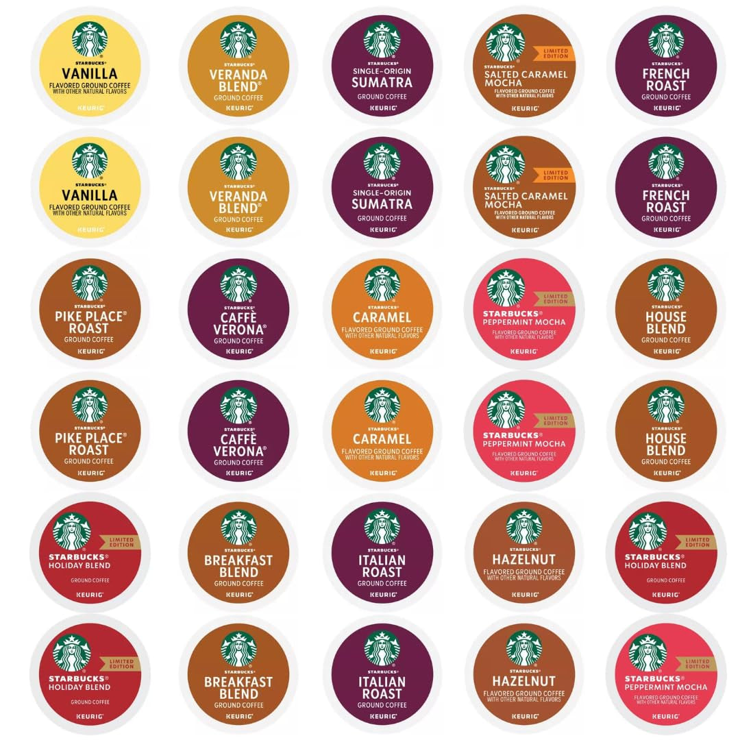 30 Count—Starbucks Variety Pack Sampler K-Cup Coffee Pods—Including Starbucks Blonde, Medium, Dark Roast, Flavored & Holiday Blend Coffee—For Keurig Brewers—1 Box (15 Unique Flavors)