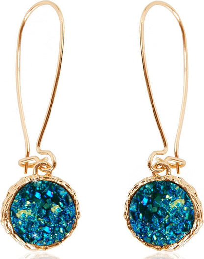 Humble Chic Simulated Druzy Threader Drop Earrings for Women - Gold, Silver, or Rose Gold Tone Trendy Boho Dangles with Sparkly Round Stone