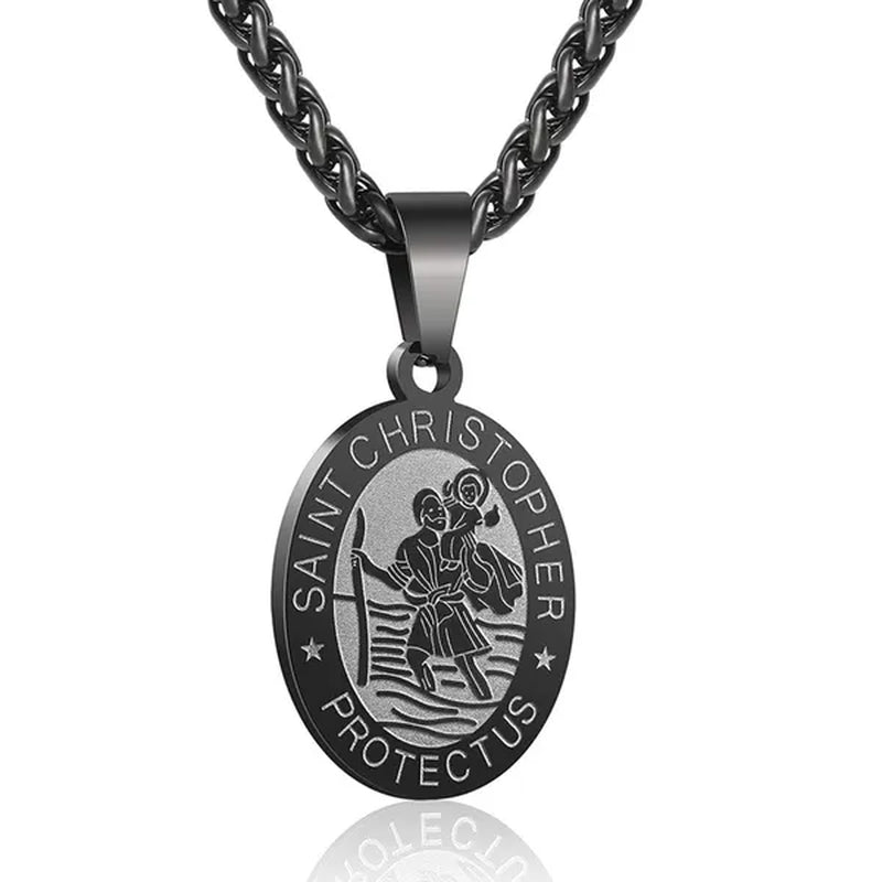 Religious Catholicism Amulet Oval Saint Christopher Necklace for Men Women, 316L Stainless Titanium Steel Catholic Patron Saint of Travellers St Christopher Pendant with Chain 23.6 Inches Black / Silver / Gold