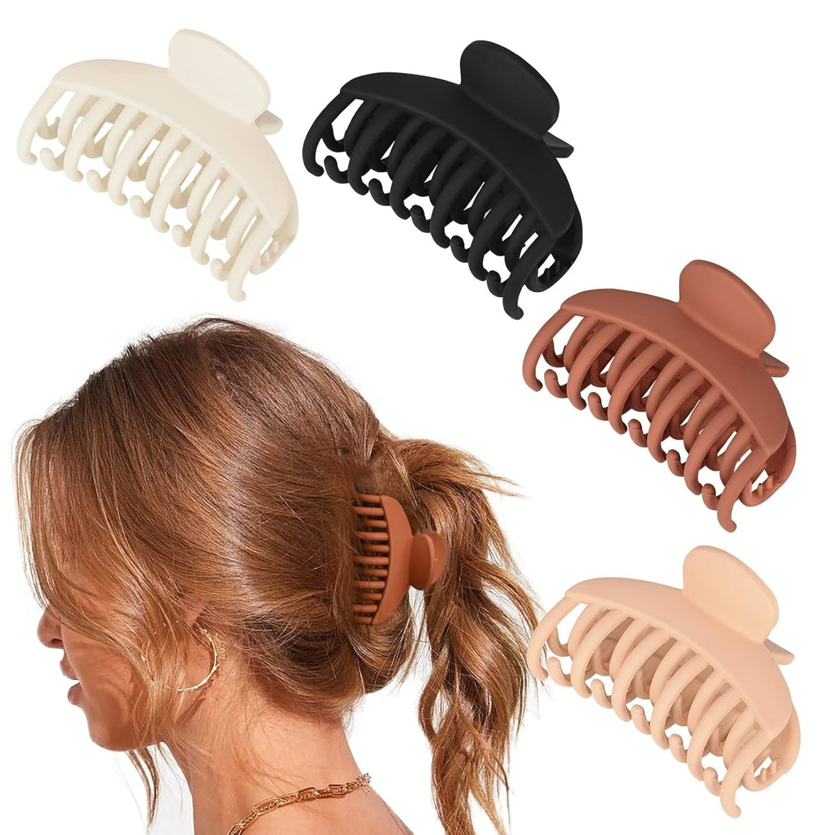 4 PCS Double Row Teeth Hair Claw Clips 2.5" Medium Hair Clips for Thin Hair Small Matte Clips Short Fine Hair Accessories for Women and Girls -Black Brown