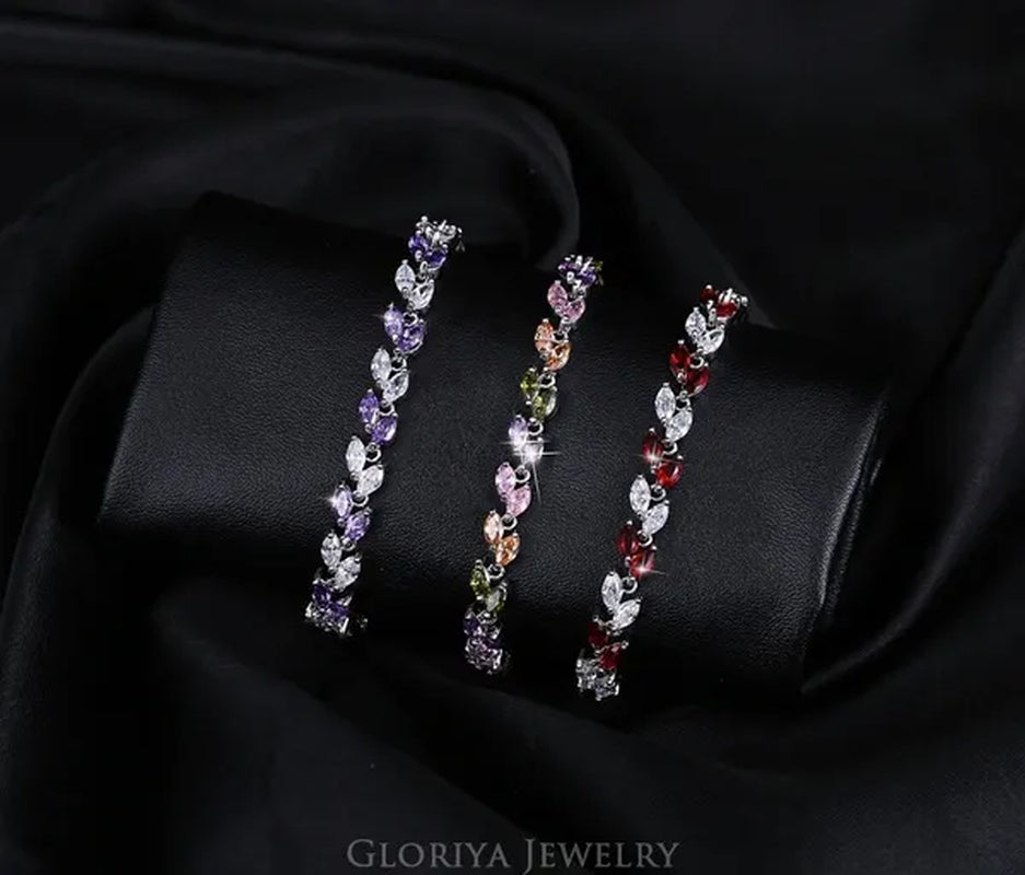 Gloriya Silver Plated Inlay Black and White AAA Grade CZ Crystal Leaf Chain Bracelet Bangle for Women 2024 Fashion Design Fashion Mujer Jewelry