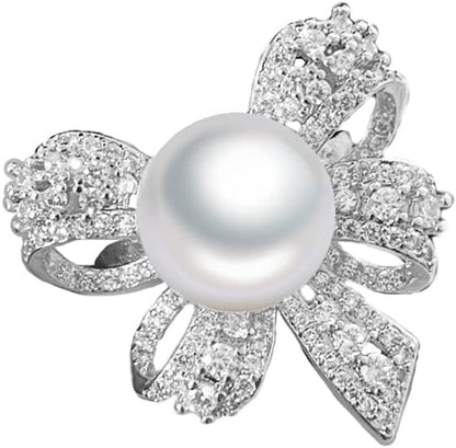 Elegant Bow Knot Pearl Rings for Women Rhinestone CZ Crystal Butterfly Tie Open Statement Ring Promise Engagement Rings Anniversary Wedding Band Jewelry