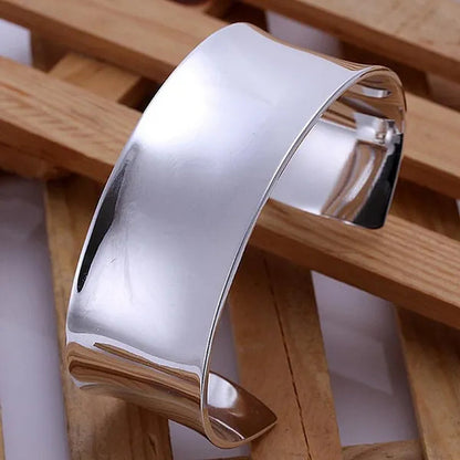 Exquisite 925 Silver Color Smooth Wide Open Bangle Bracelets for Women Man Fashion Party Wedding Jewelry Valentine's Gift
