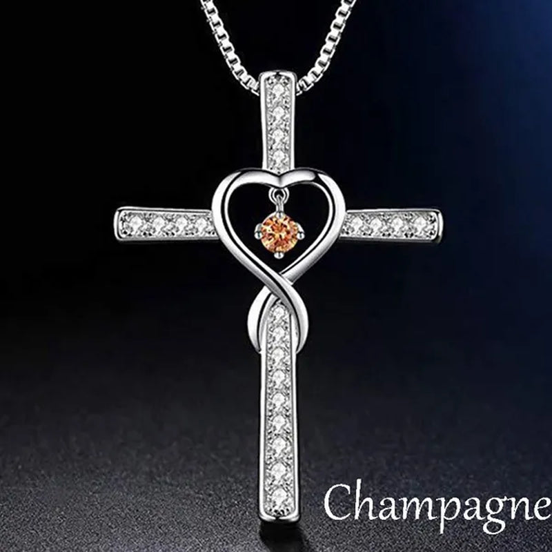 Infinity Love God We Trust Christian Cross Birthstone Diamond Rhinestone Pendant Necklace Birthday Gifts Jewelry For Women Christmas Girls