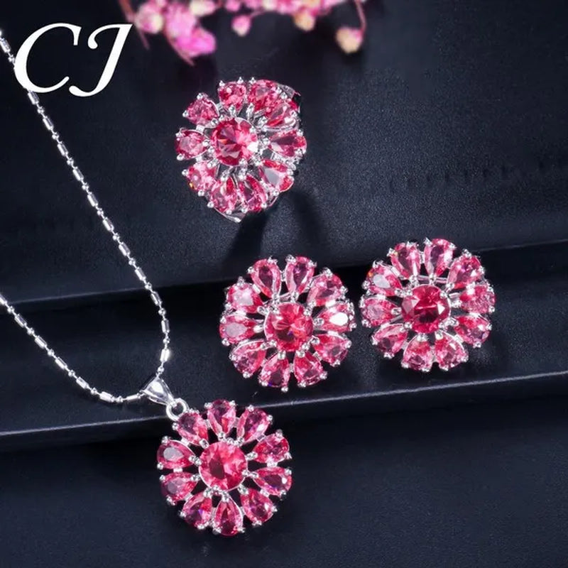 CANDICE Elegant Flower Jewelry Set Paved Green Stones Fashion Sterling Silver Plated Pendant Necklace Earrings Ring Sets