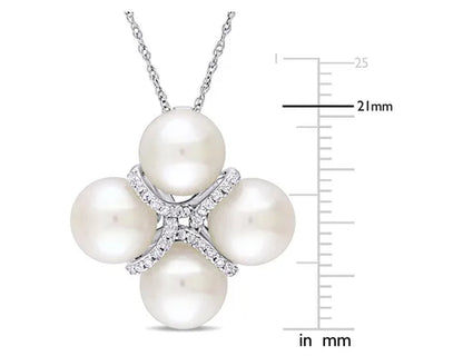 8-8.5mm Freshwater Cultured Pearl and Diamond 1/7 Carat (ctw) Crossover Pendant Necklace in 10K White Gold with Chain