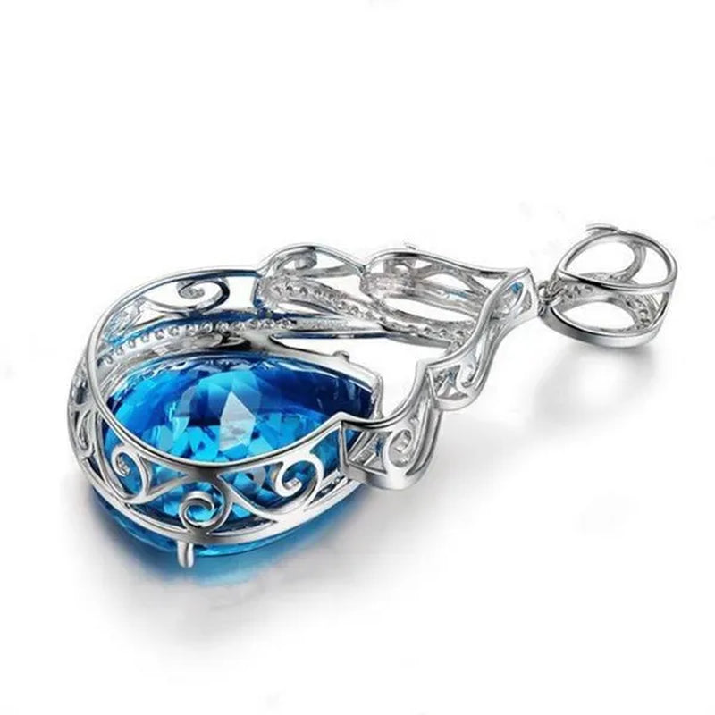 Jewelry Fashion 925 Sterling Silver Diamond Water drop Aquamarine Pendant Necklace Ornament