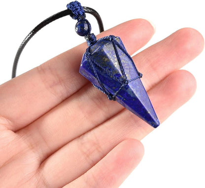 Lapis Lazuli Necklace Blue Quartz Crystal Dowsing Pendulum Divination Healing Necklace Cord Adjustable,Gemstone Hexagonal Pointed Cone Reiki Chakra Pendant