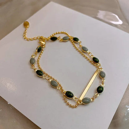 Blue Green Color Crystal Charm Bracelets for Women Gold Color Beaded Chain Double Layered Adjustable Bracelet Accessories