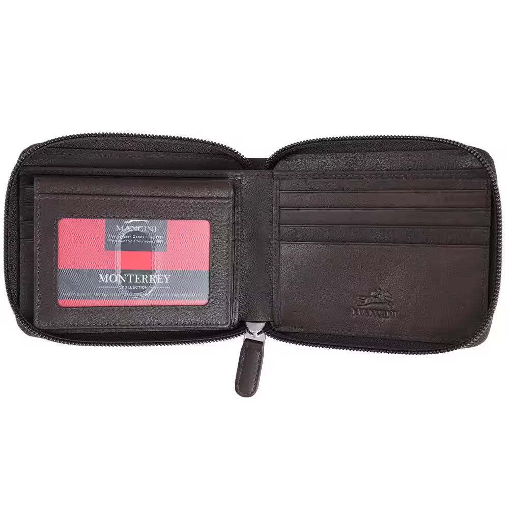 Monterrey Collection Brown Leather RFID Secure Zippered Wallet with Removable Passcase