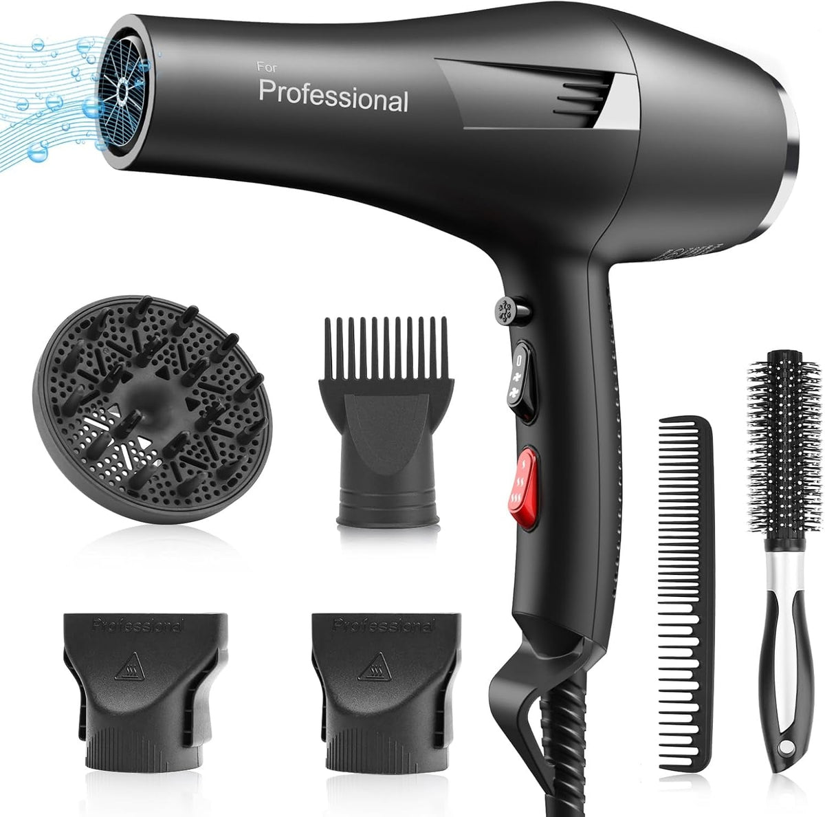 Ionic Salon Hair Dryer, Professional Blow Dryer AC Motor Fast Drying with 2 Speed, 3 Heat Setting, Cool Button, with Diffuser, Nozzle, Concentrator Comb for Curly & Straight Hair-Black