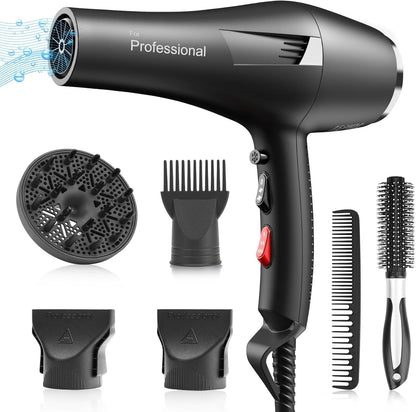 Ionic Salon Hair Dryer, Professional Blow Dryer AC Motor Fast Drying with 2 Speed, 3 Heat Setting, Cool Button, with Diffuser, Nozzle, Concentrator Comb for Curly & Straight Hair-Black