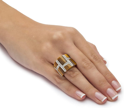 Palmbeach Yellow Gold-Plated Emerald Cut Genuine Brown Tiger'S Eye Ring Sizes 5-11