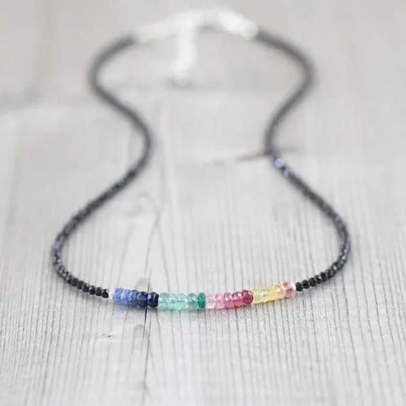 Sapphire, Ruby, Emerald & Black Spinel Necklace. Sterling Silver, Rose, Gold Filled. Dainty Delicate Multi Color Gemstone Choker for Women